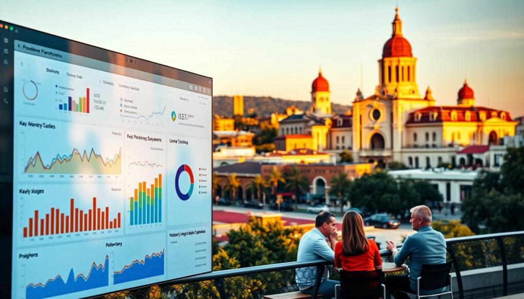 A vibrant cityscape of Pasadena, California, showcasing local SEO strategies. In the foreground, a digital dashboard displays key performance metrics, analytics, and search engine optimization tactics. In the middle ground, business owners collaborate at a coworking space, discussing local SEO best practices. In the background, the iconic architecture of Pasadena's historic Old Town sets the scene, bathed in warm, golden-hour lighting. The overall atmosphere conveys a sense of strategic digital transformation and community-driven local SEO success.
