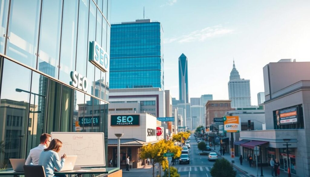 A vibrant cityscape of Pasadena, TX, showcasing modern office buildings adorned with sleek SEO signage. In the foreground, a team of digital marketing professionals collaborating at a glass-walled workspace, their laptops and whiteboards reflecting the warm afternoon sunlight. The middle ground features a bustling street lined with local businesses, each promoting their online presence and search engine optimization services. In the background, the iconic Pasadena skyline rises, a testament to the city's thriving digital economy. The scene conveys a sense of professional expertise, technological innovation, and the essential role of SEO in driving local business success. A vibrant cityscape of Pasadena, TX, showcasing modern office buildings adorned with sleek SEO signage. In the foreground, a team of digital marketing professionals collaborating at a glass-walled workspace, their laptops and whiteboards reflecting the warm afternoon sunlight. The middle ground features a bustling street lined with local businesses, each promoting their online presence and search engine optimization services. In the background, the iconic Pasadena skyline rises, a testament to the city's thriving digital economy. The scene conveys a sense of professional expertise, technological innovation, and the essential role of SEO in driving local business success.