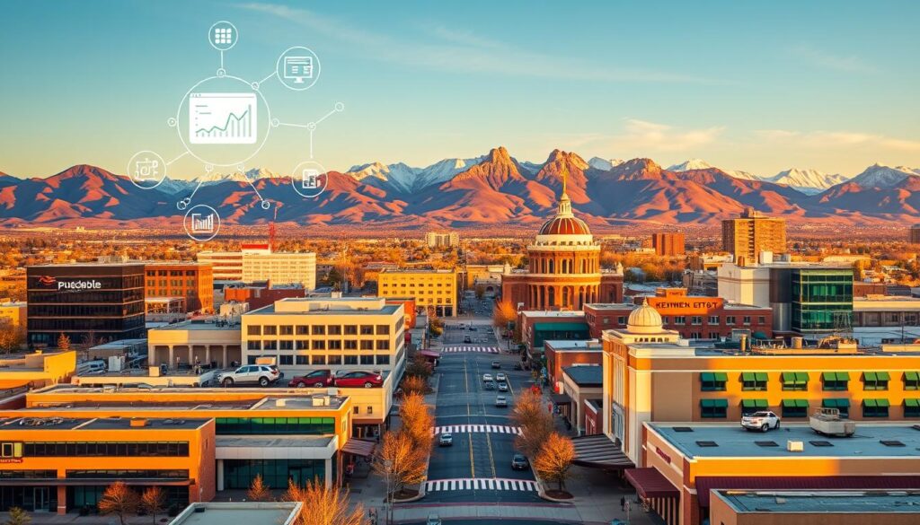 A vibrant cityscape of Pueblo, Colorado, showcasing the city's bustling downtown area. In the foreground, a stylized representation of search engine optimization (SEO) services, with digital elements and icons symbolizing web analytics, keyword optimization, and online visibility. The middle ground features a mix of modern office buildings, local shops, and landmarks like the Pueblo Union Depot, conveying the thriving business community. The background is filled with the majestic Rocky Mountains, creating a picturesque setting. Warm, golden lighting bathes the scene, evoking a sense of productivity and success. The overall composition emphasizes the integration of effective SEO strategies within the vibrant Pueblo business landscape.