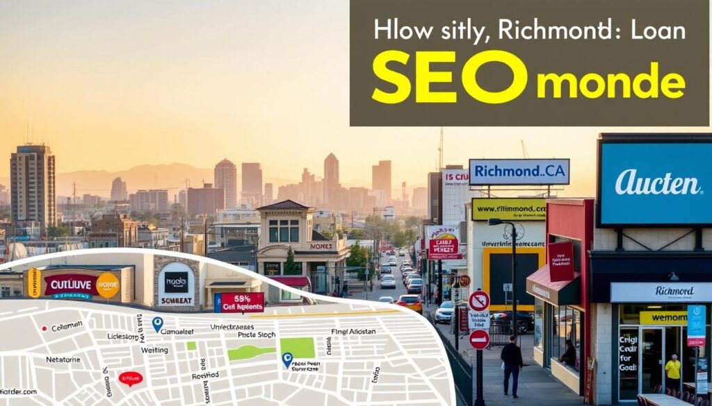 A vibrant cityscape of Richmond, CA, showcasing local businesses and their unique SEO strategies. In the foreground, a stylized map of the city highlights key landmarks and neighborhoods. In the middle ground, various signages and storefronts depict the diverse local commerce, each adorned with optimized website URLs and social media handles. The background features a hazy, golden-hour skyline, casting a warm glow over the bustling urban scene. The overall composition conveys a sense of community, innovation, and the tailored digital marketing tactics that empower Richmond's thriving small businesses.