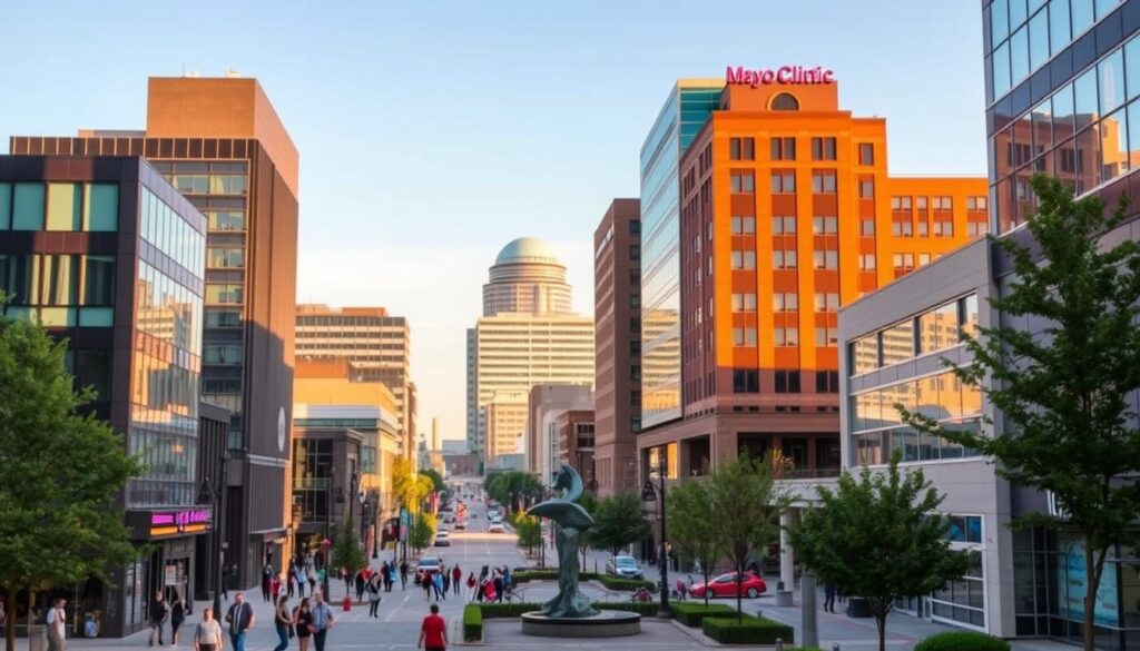 A vibrant cityscape of Rochester, MN, showcasing the bustling downtown district. In the foreground, modern office buildings and storefronts stand tall, their sleek facades reflecting the warm glow of the afternoon sun. In the middle ground, pedestrians navigate the lively sidewalks, passing by well-manicured parks and public art installations. In the background, the iconic silhouette of the Mayo Clinic's distinctive architecture rises, a symbol of the city's reputation for excellence in healthcare and medical innovation. The scene conveys a sense of energy, progress, and the perfect setting for showcasing the power of effective SEO services for local businesses.