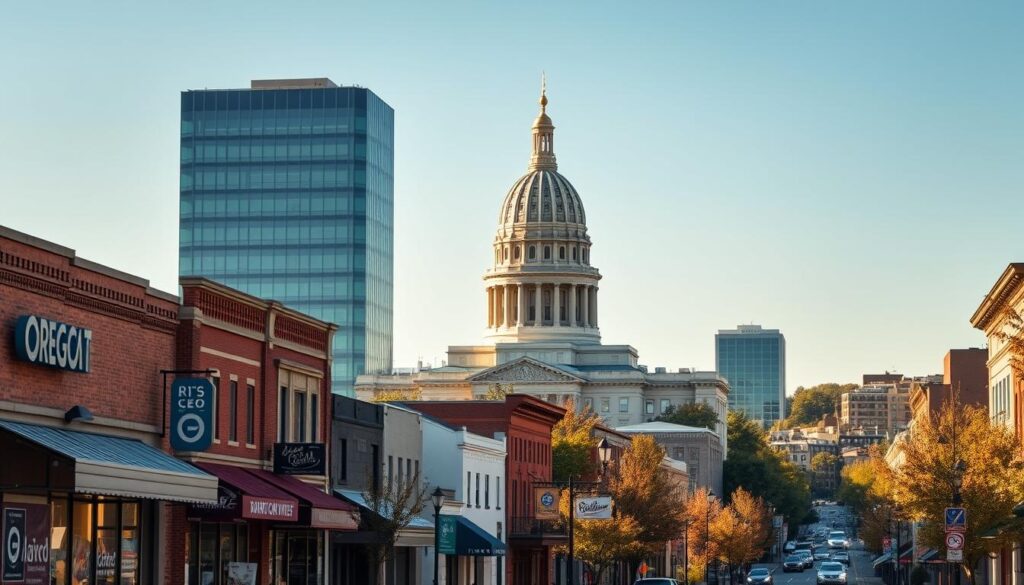 A vibrant cityscape of Salem, Oregon, showcasing the importance of local SEO. In the foreground, a bustling street lined with thriving local businesses, their signage and storefronts reflecting the community's character. In the middle ground, a sleek, modern office building, its glass facade reflecting the surrounding urban landscape. In the background, the iconic state capitol building stands tall, its stately presence a symbol of the city's civic pride. The scene is bathed in warm, golden light, creating a welcoming and inviting atmosphere. The composition emphasizes the interplay between the local businesses, the city's infrastructure, and the overall sense of place, conveying the significance of optimizing one's online presence to thrive in this dynamic, community-driven environment.