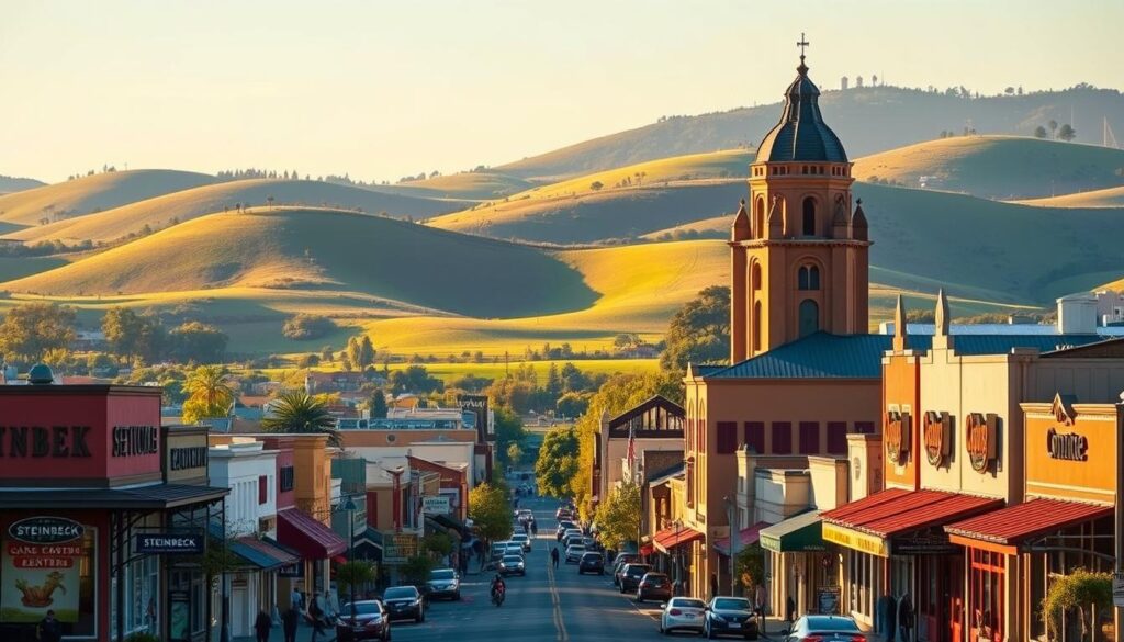 A vibrant cityscape of Salinas, California, with the iconic Steinbeck Center standing tall in the foreground. In the middle ground, a bustling street lined with local businesses, their storefronts adorned with signage and awnings. In the background, the rolling hills and lush greenery that characterize the Salinas Valley provide a picturesque backdrop. The scene is bathed in warm, golden-hour lighting, creating a sense of welcoming and prosperity. The overall atmosphere conveys the thriving, close-knit community that could benefit from professional SEO services to boost their online visibility and attract more customers.