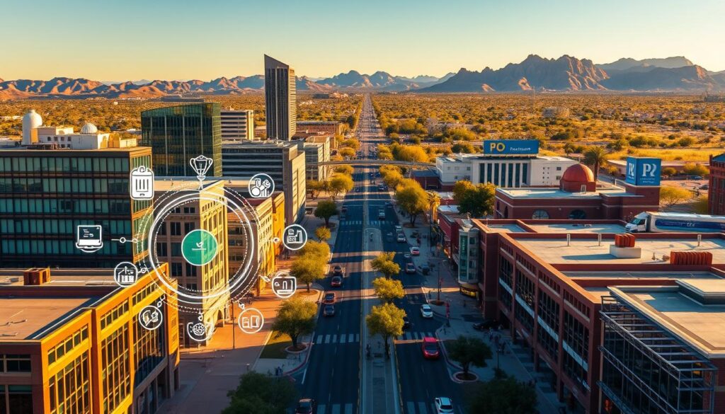 A vibrant cityscape of Surprise, AZ, bathed in warm afternoon light. In the foreground, a stylized diagram illustrates key SEO strategies, with icons and infographic elements floating above a busy downtown street. The middle ground features sleek office buildings and bustling pedestrians, while the background showcases the majestic Sonoran Desert landscape, hinting at the region's natural beauty. The scene conveys a sense of dynamic growth, technological innovation, and the potential for businesses to thrive through effective search engine optimization.