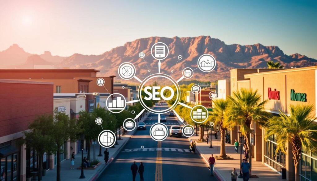 A vibrant cityscape of Surprise, AZ, bathed in warm afternoon light. In the foreground, a stylized search engine optimization diagram takes center stage, with interconnected icons and graphs depicting the digital marketing strategies that elevate local businesses. The middle ground features a bustling street scene, with people strolling past storefronts and office buildings, conveying the dynamic energy of the city. In the background, the majestic Sonoran Desert landscape rises, creating a stunning natural backdrop that juxtaposes the digital focus of the scene. The overall composition suggests the harmony between traditional and modern elements, highlighting the transformative power of expert SEO services in this thriving Arizona community.