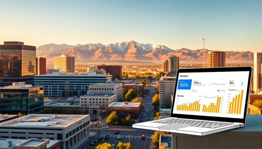 A vibrant cityscape of Thornton, Colorado, bathed in warm afternoon sunlight. In the foreground, a stylized illustration of a laptop screen showcases SEO analytics and keyword data, hinting at the comprehensive digital marketing services available. The middle ground features sleek office buildings and bustling streets, conveying the thriving local business community. In the background, the majestic Rocky Mountains rise, creating a picturesque backdrop that underscores Thornton's natural beauty and appeal. The scene exudes a sense of professionalism, innovation, and the perfect blend of urban and natural elements, reflecting the expertise and attention to detail of the SEO services on offer.