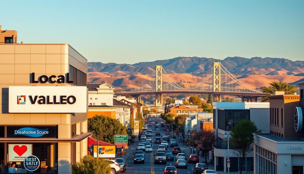 A vibrant cityscape of Vallejo, California, showcasing the bustling local SEO scene. In the foreground, a modern office building with a prominent signage displays "Local SEO Vallejo," its sleek design and clean lines reflecting the precision of search engine optimization. The middle ground features busy streets lined with thriving small businesses, their windows adorned with digital marketing displays. In the background, the iconic Carquinez Bridge and the rolling hills of the surrounding region create a picturesque backdrop, bathed in warm, golden afternoon light. The overall scene conveys a sense of a thriving, technology-driven community dedicated to helping local enterprises succeed through comprehensive SEO services.