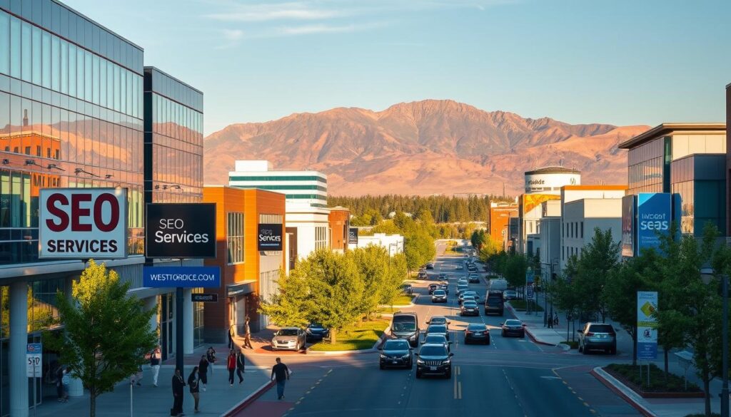 A vibrant cityscape of West Jordan, Utah, bathed in warm afternoon sunlight. In the foreground, a bustling street lined with modern office buildings and sleek, well-designed signage advertising 'SEO Services'. Pedestrians and vehicles move about, suggesting a thriving, tech-savvy community. The middle ground features lush green trees and well-manicured landscaping, creating a pleasant, inviting atmosphere. In the background, the majestic Wasatch Mountain range rises, providing a dramatic and picturesque backdrop. The overall scene conveys a sense of professionalism, innovation, and the high-quality digital marketing services available in this dynamic, forward-thinking city.
