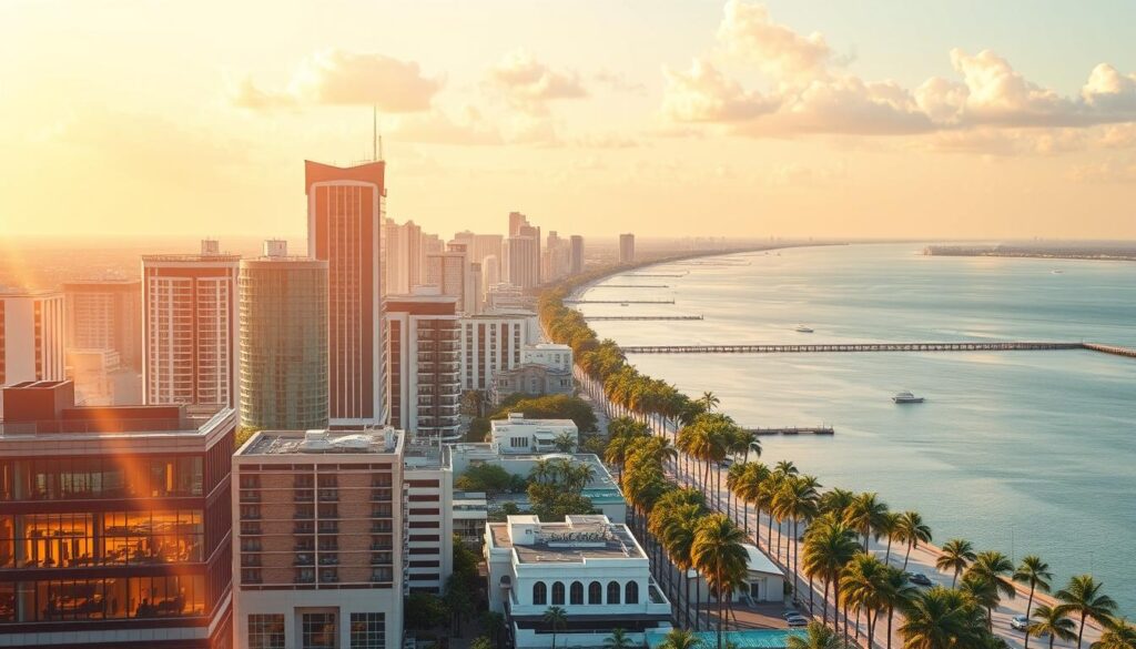 A vibrant cityscape of West Palm Beach, FL, showcasing the dynamic digital marketing landscape. In the foreground, a bustling scene of tech startups, social media influencers, and digital agencies, their office windows illuminated by the warm glow of computer screens. The middle ground features a panoramic view of the city skyline, with towering skyscrapers and sleek, modern architecture. In the background, the serene waters of the Intracoastal Waterway and the sun-dappled palm trees lining the shores, creating a striking contrast between the digital and the natural. Warm, golden lighting filters through the scene, casting a soft, inviting atmosphere. The image conveys the energy, innovation, and growth of the digital marketing industry in this thriving coastal city.