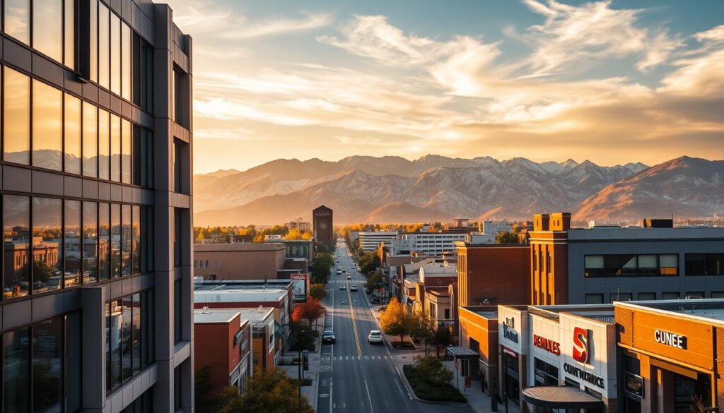 A vibrant cityscape of West Valley City, Utah, showcasing the best local SEO services. In the foreground, a stylish office building with large windows and a modern facade. In the middle ground, bustling streets lined with thriving businesses, each optimized for top search engine rankings. The background features the majestic Wasatch Range, bathed in warm, golden sunlight filtering through wispy clouds. The overall scene conveys a sense of professional expertise, technological savvy, and natural beauty, capturing the essence of the premier SEO agencies serving this dynamic community.