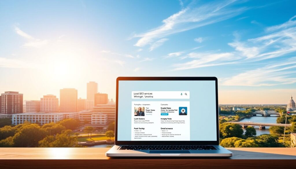 A vibrant cityscape of Wilmington, North Carolina, showcasing the local digital landscape. In the foreground, a stylized laptop displays a search engine results page for "local SEO services Wilmington", reflecting the digital presence of local businesses. The middle ground features modern office buildings and landmarks, surrounded by lush greenery and a picturesque riverfront. Warm, golden sunlight filters through the scene, creating a welcoming and prosperous atmosphere. The background is dominated by a clear, azure sky, with wispy clouds adding depth and dimension. The overall composition conveys the thriving, technology-driven nature of Wilmington's business community.