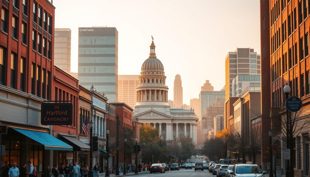 A vibrant cityscape of downtown Hartford, CT, captured under a warm, golden hour glow. In the foreground, a bustling street scene with pedestrians, storefronts, and local businesses. The middle ground features the iconic Connecticut State Capitol building, its grand dome and classical architecture standing tall. In the background, a skyline of modern high-rises and historic landmarks, all bathed in a soft, diffused light. The scene conveys a sense of local pride, community, and the potential for thriving small businesses to capitalize on the city's unique character and digital marketing opportunities.