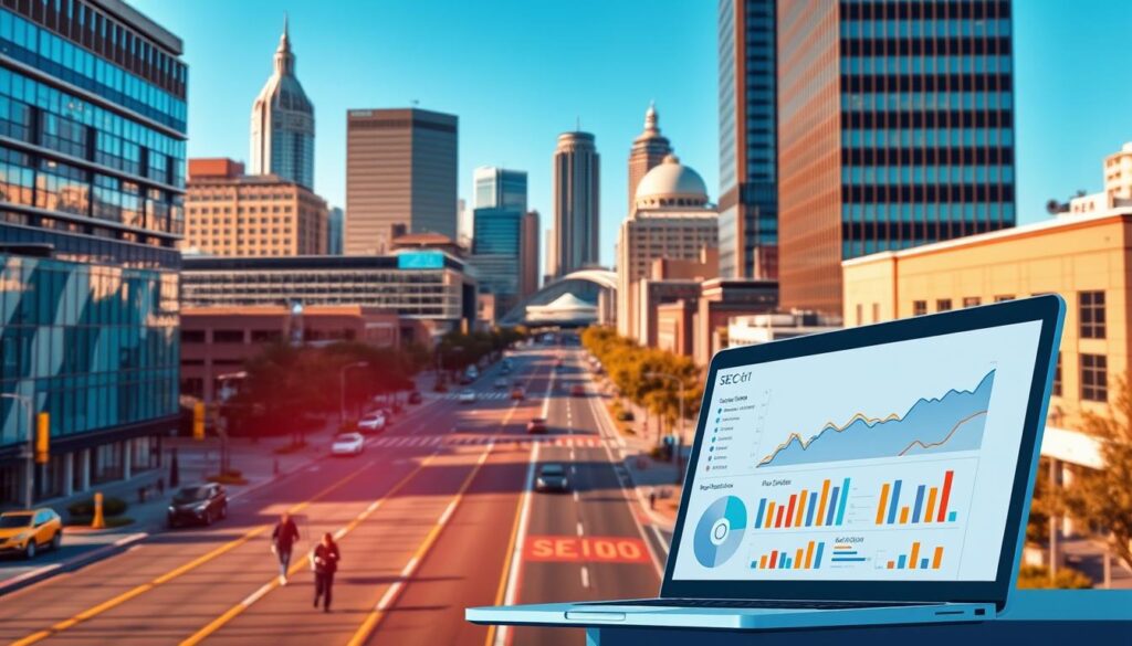 A vibrant cityscape of downtown Kansas City, KS, bathed in warm afternoon light. In the foreground, a stylized illustration of a laptop screen showcases advanced SEO analytics and optimization tools. In the middle ground, busy professionals navigate the bustling streets, their focus on growing their local businesses. The background features iconic landmarks like the Kansas City, Kansas Convention Center, symbolizing the city's thriving commercial hub. The scene conveys a sense of technological innovation, entrepreneurial energy, and the power of strategic digital marketing to elevate Kansas City businesses.