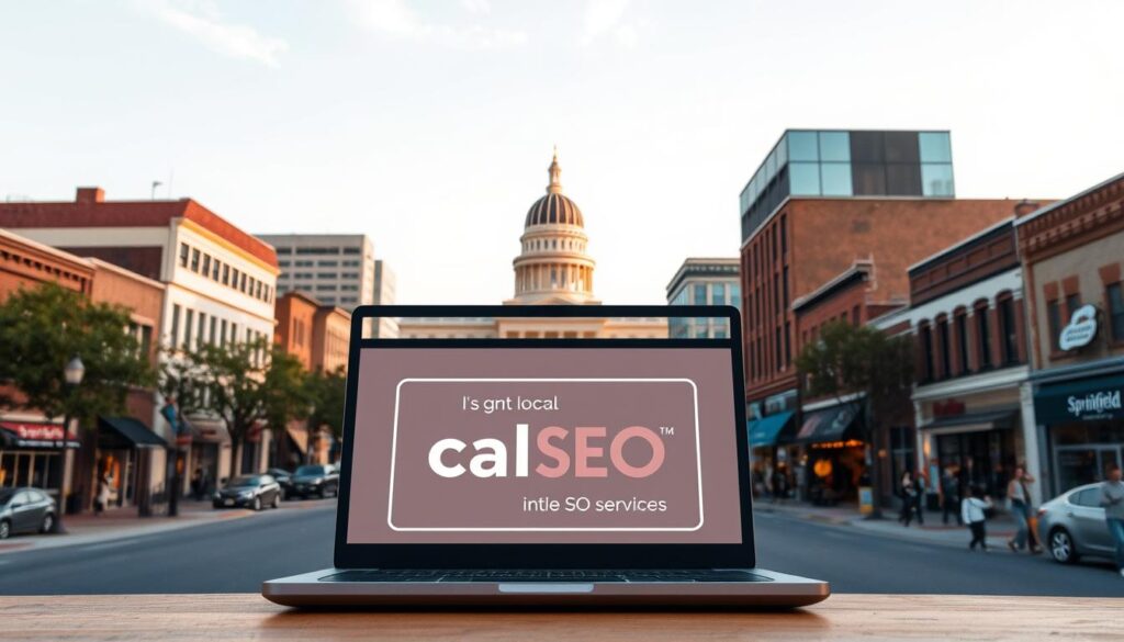 A vibrant cityscape of downtown Springfield, Illinois, captured through the lens of a wide-angle camera. In the foreground, a stylized illustration of a laptop screen showcases local SEO services, its minimalist design and warm color palette drawing the eye. The middle ground features the iconic state capitol building, its grand architecture bathed in soft, diffused lighting that creates a sense of timelessness. In the background, the bustling streets of Springfield are dotted with small businesses, their storefronts and signage hinting at the diverse local economy. The overall composition conveys the power of local SEO to help these enterprises thrive and connect with their community.