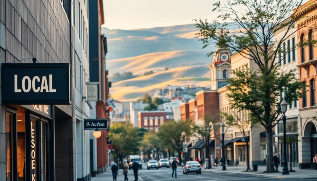 A vibrant cityscape showcasing the bustling city of Olathe, Kansas. In the foreground, a stylish storefront with a prominent "Local SEO" sign, its sleek design and warm lighting inviting passersby. In the middle ground, tree-lined streets and pedestrians navigating the sidewalks, capturing the lively local atmosphere. The background features the iconic landmarks of Olathe, such as the historic downtown buildings and the rolling hills that frame the city, bathed in a soft, golden hour glow. The overall scene conveys a sense of community, progress, and the potential for businesses to thrive through effective local SEO strategies.
