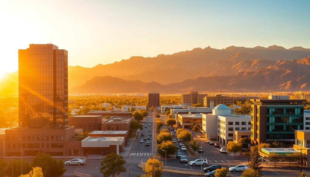 A vibrant cityscape showcasing the bustling city of Rio Rancho, New Mexico. In the foreground, a modern office building stands tall, its sleek glass facade reflecting the warm evening sun. In the middle ground, busy streets teem with cars and pedestrians, highlighting the dynamic energy of the local business district. In the background, the rugged Sandia Mountains rise majestically, their peaks casting long shadows across the landscape. The scene is illuminated by a soft, golden light, creating a welcoming and inviting atmosphere. The image conveys the potential for effective SEO services to help local businesses in Rio Rancho thrive and grow within this vibrant urban setting.