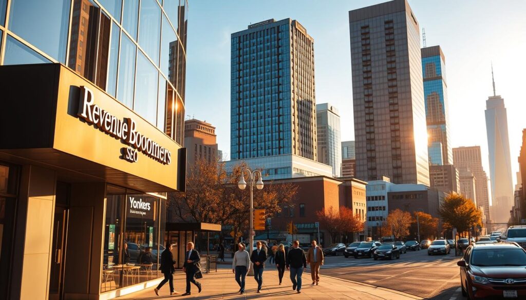 A vibrant cityscape showcasing the bustling energy of Yonkers, NY. In the foreground, a modern office building adorned with sleek signage reading "Revenue Boomers SEO Agency". The building is bathed in warm, golden sunlight, casting long shadows across the bustling sidewalk below. In the middle ground, people hurry along the streets, passing by local shops and restaurants. In the background, the iconic skyscrapers and landmarks of Yonkers' skyline rise up, creating a dynamic and inspiring setting. The scene conveys a sense of professionalism, growth, and the promise of success for local businesses leveraging the agency's proven SEO expertise.