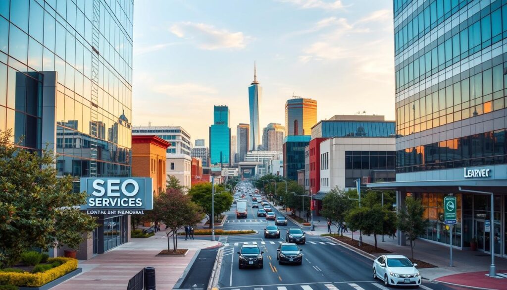 A vibrant cityscape showcasing the bustling heart of Grand Prairie, TX. In the foreground, a modern office building with sleek glass facades and a prominent sign reading "SEO Services". Lush greenery and well-maintained sidewalks create a welcoming atmosphere. The middle ground features a bustling street with cars, pedestrians, and local businesses, all bathed in warm, golden-hour lighting. In the background, the iconic skyline of Grand Prairie rises, a testament to the city's growth and prosperity. The scene exudes a sense of professionalism, innovation, and community, perfectly capturing the essence of the comprehensive SEO services offered in this thriving Texas city.