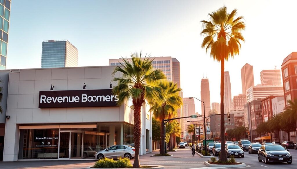 A vibrant cityscape showcasing the bustling heart of Santa Clara, California. In the foreground, the sleek, modern exterior of Revenue Boomers' SEO agency commands attention, its minimalist design and bold signage reflecting the company's expertise. The mid-ground features the iconic palm trees and lush greenery that characterize the city, while in the background, the towering skyscrapers of the Silicon Valley skyline stand as a testament to the region's technological prowess. Warm, golden sunlight bathes the scene, creating a welcoming and professional atmosphere that embodies the exceptional SEO services offered by Revenue Boomers.