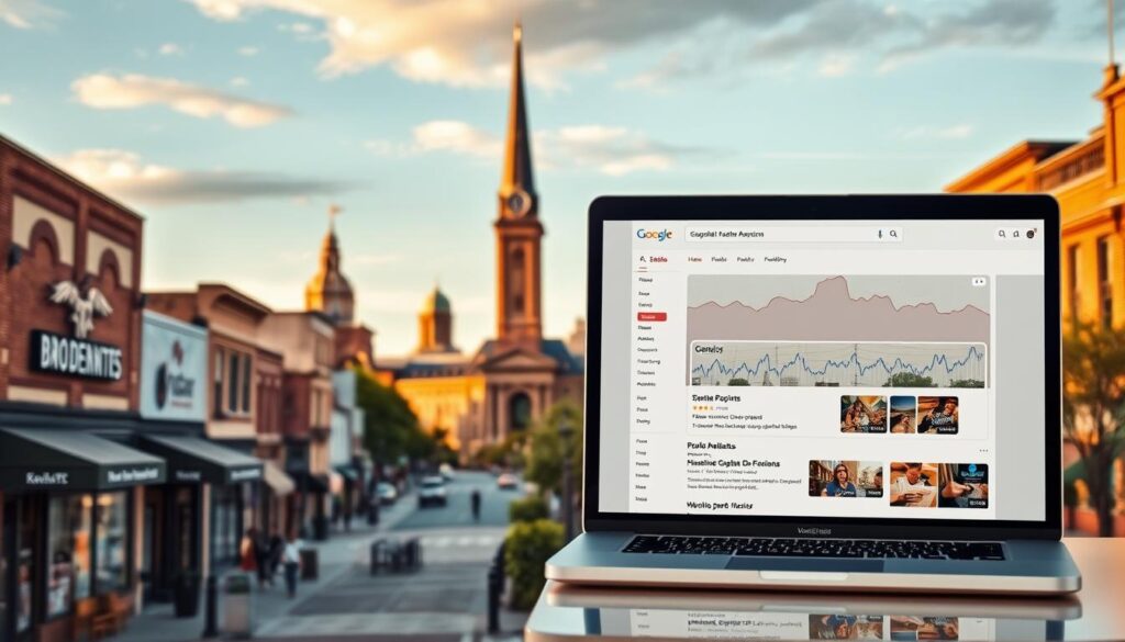 A vibrant cityscape with a local business district in the foreground, featuring storefronts and pedestrians. In the middle ground, a laptop screen displays analytics and search engine results, representing the digital aspect of local SEO. The background showcases the iconic landmarks and architecture of Independence, MO, bathed in warm, golden-hour lighting. The overall scene conveys the harmony between a thriving physical community and the strategic online presence that supports it, capturing the essence of a winning local SEO strategy.