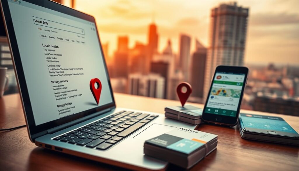 A vibrant, close-up illustration of local SEO optimization. In the foreground, a laptop screen displays a search engine results page, showcasing the top listings for a specific location. Surrounding the laptop, an array of local SEO elements come into focus: a city map, a GPS navigation pin, a stack of business cards, and a smartphone displaying reviews. The middle ground features a cityscape in the background, with skyscrapers and landmarks, representing the local environment. Warm, diffused lighting creates a sense of depth and emphasizes the importance of local optimization for online visibility. The overall composition conveys the strategic approach to boosting a business's presence in a specific geographic area.
