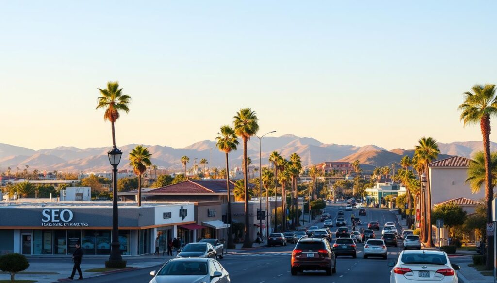 A vibrant coastal cityscape in Costa Mesa, CA, bathed in golden afternoon light. The iconic palm trees and low-rise buildings are set against a backdrop of rolling hills and a hazy blue sky. In the foreground, a busy street scene showcases the diverse range of local businesses, including a prominent SEO services provider with a modern, minimalist storefront. Pedestrians and cars move with a sense of energy and purpose, reflecting the dynamic nature of the city's digital marketing landscape. The overall mood is one of a thriving, well-established community embracing the latest advancements in search engine optimization.