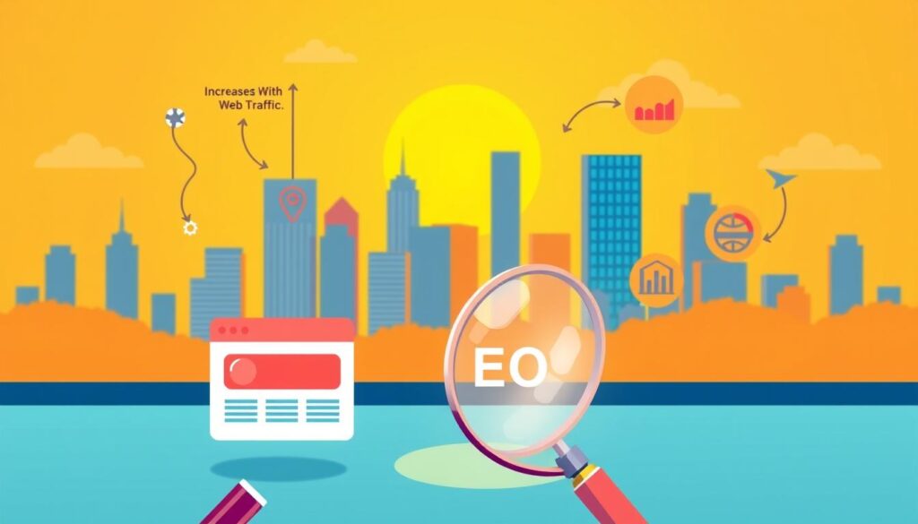 A vibrant, colorful illustration showcasing the key benefits of SEO for a business. In the foreground, a magnifying glass highlights a stylized website, representing improved online visibility. In the middle ground, stylized icons depict increased web traffic, higher search engine rankings, and better conversion rates. In the background, a cityscape with skyscrapers and a glowing sun symbolizes enhanced brand recognition and authority. The scene is bathed in warm, golden lighting, conveying a sense of success and profitability. The overall mood is one of dynamism, growth, and the power of effective search engine optimization.