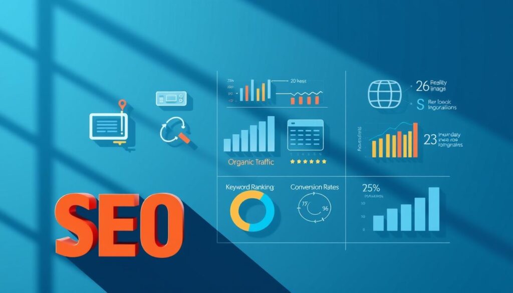 A vibrant, data-driven infographic showcasing key SEO performance indicators. In the foreground, a bold title and sleek icons representing metrics like organic traffic, keyword rankings, and conversion rates. The middle ground features stylized data visualizations and charts, conveying insights at a glance. In the background, a minimalist geometric pattern in shades of blue and gray, creating a professional, tech-savvy atmosphere. Soft directional lighting casts subtle shadows, adding depth and dimension. The overall composition is clean, modern, and designed to effectively communicate SEO success within the article's context.