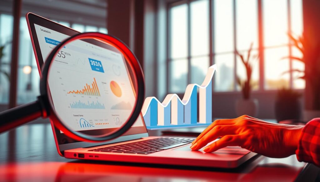 A vibrant, detail-oriented SEO audit process depicted through a well-lit, cinematic illustration. In the foreground, a magnifying glass hovers over a laptop screen displaying website analytics, while a hand types furiously on the keyboard. In the middle ground, a three-dimensional graph showcases key SEO metrics, their lines and curves illuminated by a soft, directional light. In the background, a sleek, minimalist office setting with large windows, allowing natural light to flood the scene, creating a sense of professionalism and efficiency. The overall mood is one of focus, productivity, and a methodical approach to optimizing a business's online presence.