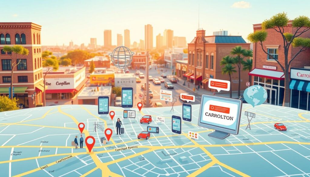 A vibrant, detail-oriented illustration of a local SEO strategy for a Carrollton, Texas business. In the foreground, a stylized map of the Carrollton area with key landmarks and points of interest. In the middle ground, a collection of digital devices and platforms representing online presence, reviews, and local search optimization. In the background, a cityscape of Carrollton's bustling commercial district, bathed in warm, natural lighting and a sense of community. The overall scene conveys the importance of a comprehensive local SEO approach for Carrollton businesses to stand out, connect with their local customer base, and thrive in a competitive market.