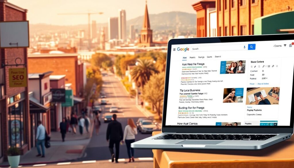 A vibrant, detail-oriented illustration of a local SEO strategy for a Concord, CA business. In the foreground, a city street with storefronts and pedestrians, showcasing the local community. In the middle ground, a laptop displaying a search engine results page, highlighting local business listings and reviews. In the background, a cityscape with iconic landmarks, conveying a sense of place and local identity. Warm, golden lighting creates a welcoming atmosphere, and a slightly elevated camera angle provides a comprehensive, bird's-eye view of the scene. The overall composition emphasizes the importance of a tailored, location-specific SEO approach for Concord businesses to stand out and connect with their local customer base.
