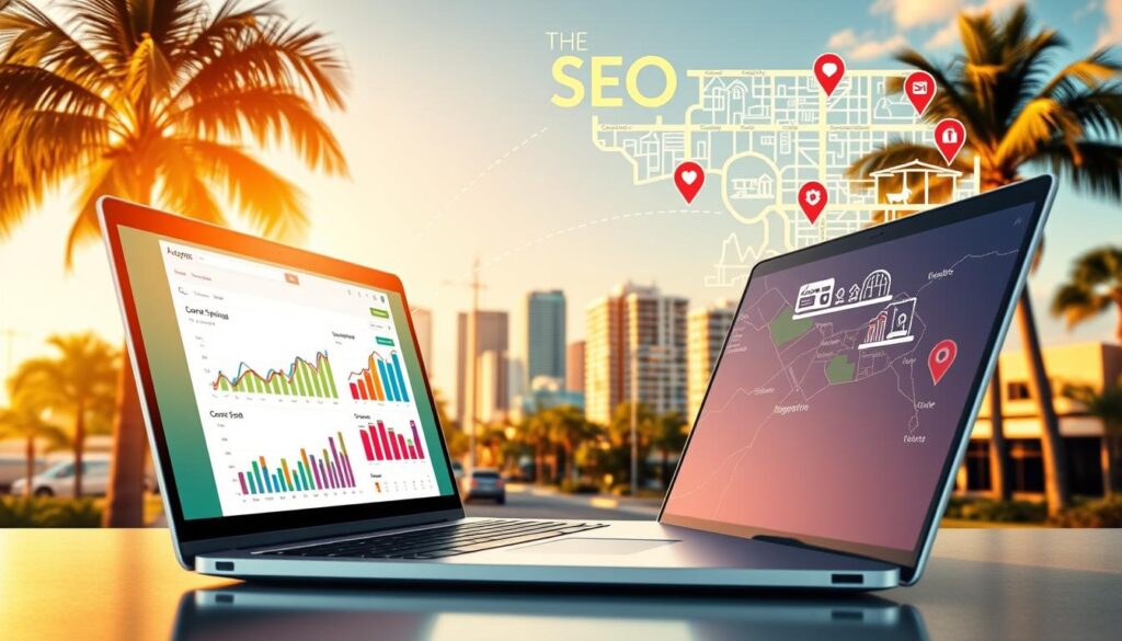 A vibrant, detail-oriented illustration of an effective SEO strategy for Coral Springs businesses. In the foreground, a sleek laptop displays analytics and search engine optimization metrics, surrounded by colorful icons representing website optimization, local SEO, and content marketing. In the middle ground, a bustling Coral Springs cityscape with lush palm trees and modern architecture serves as the backdrop. The scene is bathed in warm, golden lighting, evoking a sense of productivity and success. In the background, a stylized map of Coral Springs highlights key neighborhoods and landmarks, underscoring the importance of local SEO for businesses in the area. The overall composition conveys a comprehensive, tailored approach to boosting online visibility for Coral Springs enterprises.
