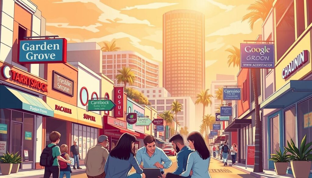 A vibrant, detail-rich illustration of a bustling downtown Garden Grove cityscape, showcasing the power of local SEO for businesses. In the foreground, a group of local entrepreneurs gather around a laptop, discussing search engine optimization strategies. In the middle ground, storefronts and signage for various local enterprises line the streets, each optimized for maximum online visibility. In the background, a towering, modern office building represents the digital transformation that SEO can bring to a community. Warm, golden sunlight filters through the scene, creating a sense of energy and opportunity. The overall composition conveys the idea that effective local SEO can help Garden Grove businesses thrive and connect with their community.