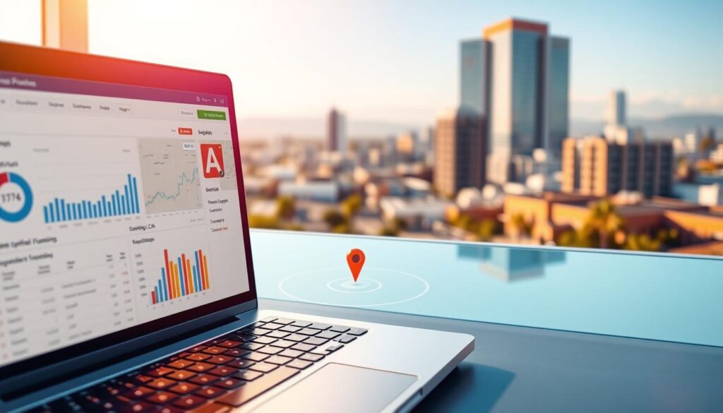 A vibrant, detailed illustration of effective local SEO strategies for a Pomona, CA business. In the foreground, a laptop screen displays a dashboard with metrics and analytics, showcasing the data-driven approach. In the middle ground, a local map with the business's location pinned, highlighting the importance of geotargeting. In the background, a cityscape of Pomona, conveying a sense of community and the local focus. The lighting is warm and natural, creating a welcoming, professional atmosphere. The composition emphasizes the interconnectedness of local SEO, data analysis, and community engagement, reflecting the holistic approach needed to boost a Pomona business's online presence.