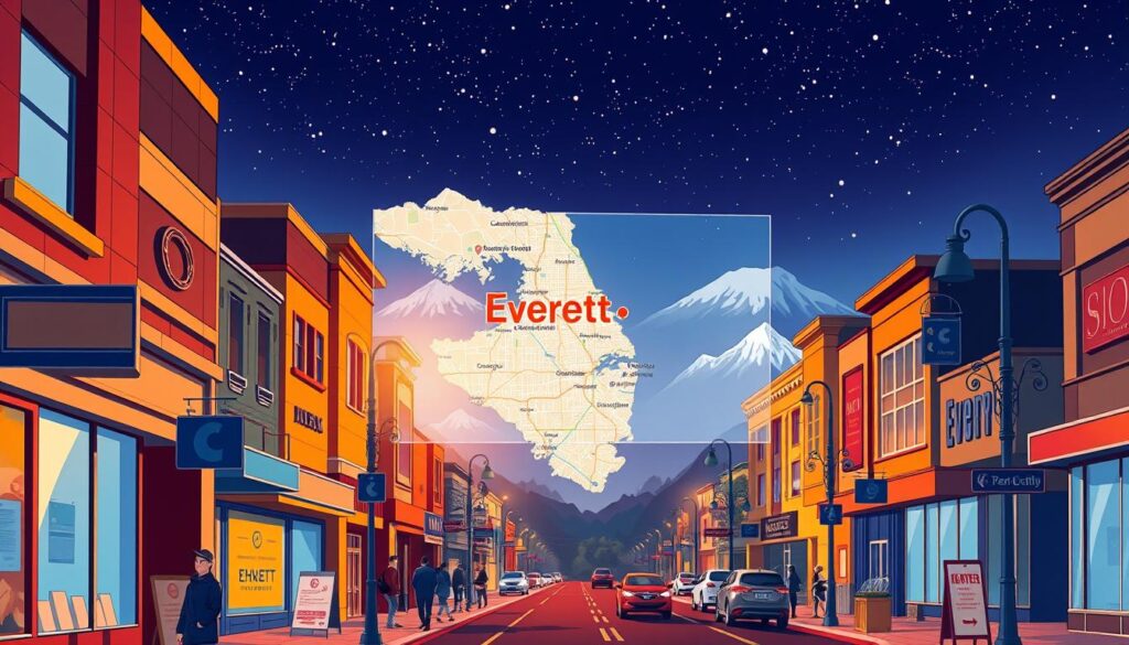 A vibrant, detailed illustration showcasing a local SEO strategy for a business in Everett, WA. The foreground depicts a street view of downtown Everett, with storefronts, street signs, and people navigating the bustling city. In the middle ground, a large digital map of the Everett area is prominently displayed, with data points and analytics overlaying the map. The background features a starry night sky, with the Cascade mountains visible in the distance, conveying a sense of the local community and natural surroundings. The lighting is warm and inviting, with a combination of natural and artificial lighting sources. The overall mood is one of a thriving, tech-savvy local business community embracing a comprehensive local SEO strategy to drive growth and visibility.