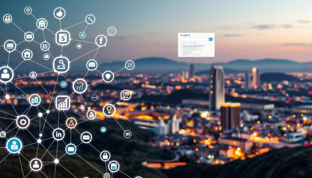 A vibrant, digital landscape showcasing the intricacies of off-page SEO strategies. In the foreground, a network of hyperlinked icons and data visualizations, representing the various off-page tactics such as link building, social media engagement, and citation management. The middle ground features a stylized search engine results page, highlighting the impact of these strategies on organic visibility. In the background, a cityscape of Oxnard, CA, symbolizing the local focus of the SEO services. The scene is illuminated by a warm, ambient lighting, creating a sense of depth and professionalism. The overall composition conveys the comprehensive nature of the off-page SEO strategies employed, tailored to the specific needs of Oxnard businesses.