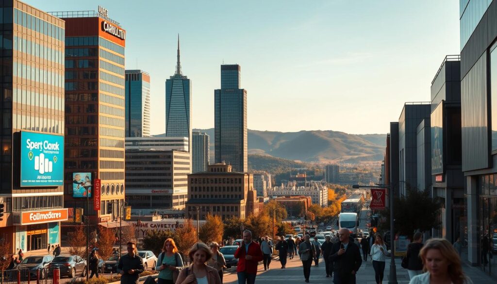 A vibrant digital marketing landscape in Carrollton, TX, bathed in warm, golden sunlight. In the foreground, a bustling cityscape with modern high-rise buildings, sleek skyscrapers, and neon-lit billboards advertising local businesses. In the middle ground, people hurry along the sidewalks, smartphones in hand, immersed in the digital world. In the background, a rolling landscape of lush, green hills and a clear, azure sky, creating a sense of balance between the natural and the technological. The scene is captured through a wide-angle lens, providing a comprehensive view of the city's digital marketing ecosystem. The overall atmosphere conveys a thriving, innovative, and digitally-driven community.