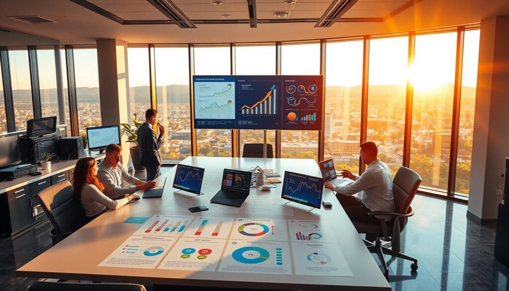 A vibrant, high-resolution image of a modern office interior showcasing comprehensive SEO services in Thousand Oaks, CA. The foreground features a team of digital marketing experts collaborating around a large, sleek conference table, surrounded by state-of-the-art equipment and monitors displaying analytics dashboards. The middle ground highlights an array of infographics and visual aids explaining key SEO strategies, while the background depicts the cityscape of Thousand Oaks through large, floor-to-ceiling windows, bathed in warm, natural lighting. The scene conveys a sense of professionalism, innovation, and expertise in delivering top-tier SEO services to local businesses.