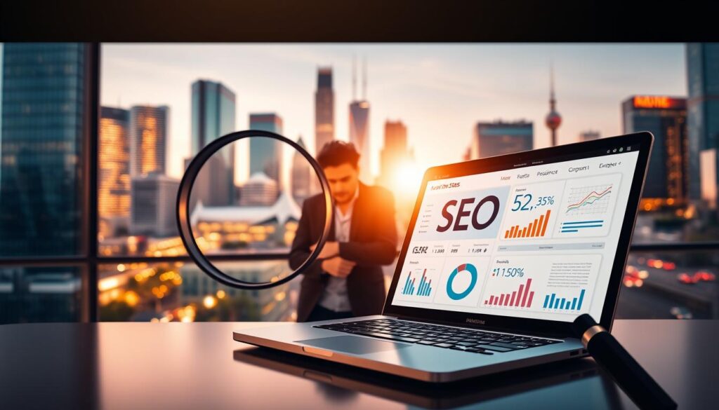 A vibrant, high-resolution image of comprehensive SEO services. In the foreground, a stylized magnifying glass examines a laptop screen showcasing various SEO metrics and analytics. The middle ground features a team of digital marketing experts collaborating, their expressions focused and determined. In the background, a cityscape of modern skyscrapers and bustling streets, representing the urban setting of the SEO services. The lighting is warm and inviting, with a slight lens flare effect to create a sense of professionalism and authority. The overall mood is one of expertise, efficiency, and a commitment to driving online visibility and success.