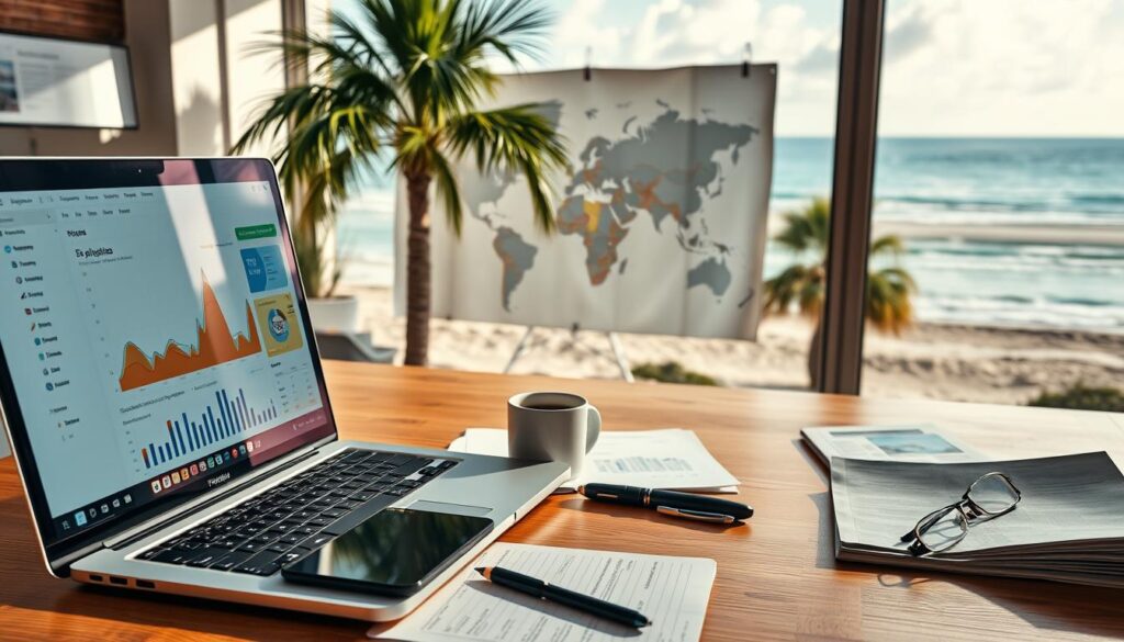 A vibrant, high-resolution image of local SEO strategies in Palm Bay, Florida. In the foreground, a laptop screen displays a dashboard with analytics and optimization tools. On the desk, strategically placed objects like a smartphone, notepad, and coffee mug create a productive, business-focused scene. The middle ground features a large world map, highlighting the local region, along with printed reports and documents. In the background, the image showcases the coastal landscape of Palm Bay, with palm trees, a sandy beach, and a serene ocean view, conveying a sense of the local community and environment. The lighting is natural, with warm tones and soft shadows, creating a professional yet inviting atmosphere.