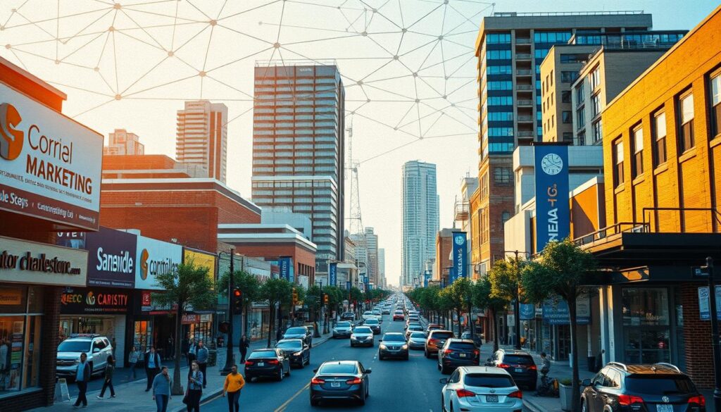 A vibrant, hyper-realistic cityscape of North Charleston, SC, with a focus on local business signage, storefronts, and digital marketing displays. In the foreground, a tactile, textured mural depicting a stylized local SEO strategy, featuring interconnected maps, analytics graphs, and digital marketing icons. The middle ground showcases busy foot traffic and vehicles, reflecting the bustling commercial district. In the background, a mix of modern skyscrapers and historic buildings, bathed in warm, golden-hour lighting, creating a sense of energy and growth. The overall scene conveys the digital transformation and evolving marketing landscape for North Charleston businesses.