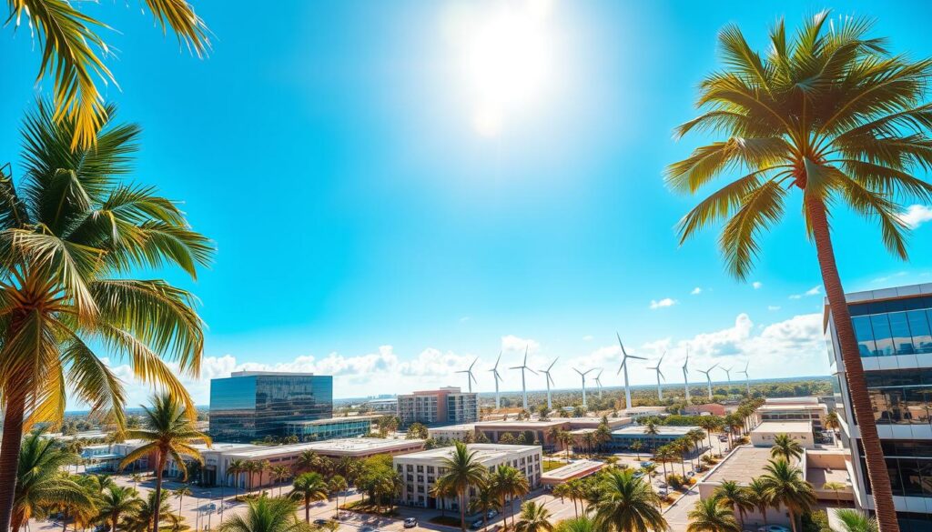 A vibrant, hyper-realistic digital landscape in Palm Bay, Florida. In the foreground, lush palm trees sway gently, their fronds casting intricate shadows on the sun-drenched streets below. The middle ground features sleek, modern office buildings and bustling technology hubs, their glass facades reflecting the brilliant azure sky. In the distance, the horizon is dotted with wind turbines and solar panels, signifying the city's commitment to renewable energy. The scene is bathed in a warm, golden light, creating a sense of optimism and progress. Captured through the lens of a high-resolution, wide-angle camera, this digital landscape encapsulates the dynamic, forward-thinking spirit of Palm Bay's thriving tech and business community.