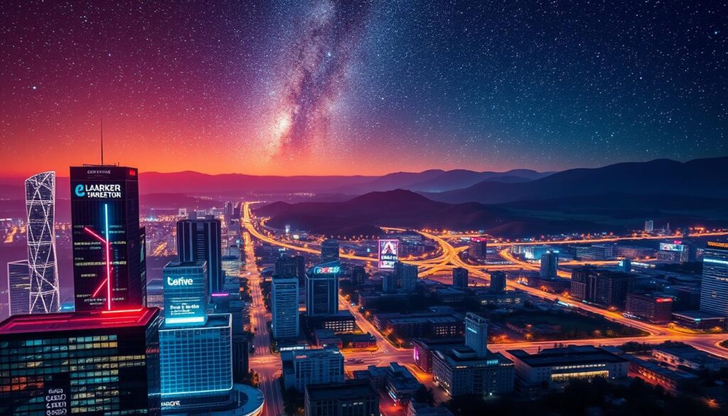 A vibrant, hyper-realistic digital landscape showcasing the dynamic marketing ecosystem in Lansing, Michigan. In the foreground, a sleek, futuristic cityscape with skyscrapers and office buildings illuminated by neon signage, conveying the fast-paced, tech-driven nature of modern marketing. The middle ground features a tapestry of digital touchpoints - social media platforms, search engine interfaces, e-commerce platforms, and mobile devices, all interconnected and pulsing with activity. In the background, a backdrop of rolling hills and a vibrant, starry night sky, creating a sense of depth and wonder. The lighting is a captivating blend of warm and cool tones, casting a mesmerizing glow over the entire scene. Shot with a wide-angle lens to capture the grand scale and complexity of the digital marketing landscape in Lansing, Michigan.