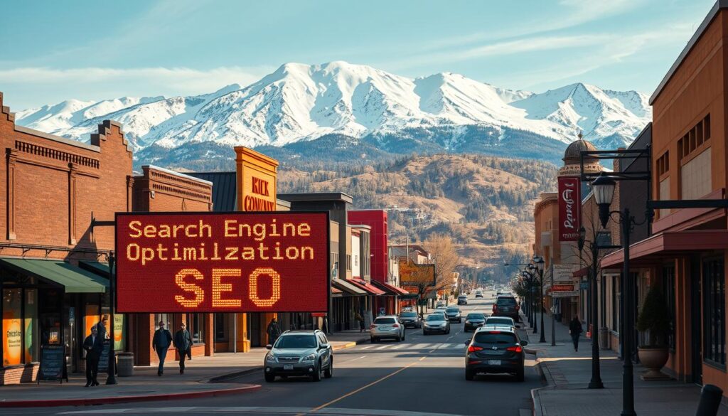 A vibrant, hyper-realistic image of downtown Thornton, Colorado, showcasing the bustling main street with various local businesses. In the foreground, a prominent digital display features the words "Search Engine Optimization Thornton," illuminated by warm, soft lighting. The middle ground depicts well-maintained storefronts, pedestrians, and vehicles, all captured in a crisp, cinematic style. The background showcases the Rocky Mountain landscape, with snow-capped peaks and a clear, azure sky. The overall scene conveys a sense of thriving small-town commerce, with the SEO-focused display drawing the viewer's attention to the importance of digital marketing for local businesses.