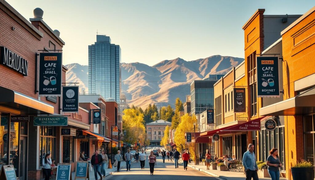 A vibrant, hyperlocal scene showcasing the essence of Meridian's thriving business community. In the foreground, a quaint main street lined with independent shops and cafes, their storefronts adorned with eye-catching signage and local branding. Pedestrians stroll the sidewalks, immersed in the lively atmosphere. In the middle ground, towering office buildings and sleek modern architecture, representing the city's dynamic commercial growth. The background features the majestic Boise foothills, their rolling slopes providing a picturesque natural backdrop. Warm, golden sunlight filters through, casting a welcoming glow over the entire scene. The image conveys a sense of community, prosperity, and the power of effective local SEO to elevate Meridian's businesses.