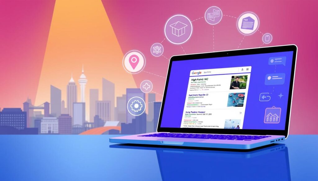 A vibrant illustration showcasing the key elements of a local SEO strategy. In the foreground, a laptop screen displays a search engine results page (SERP) for a "High Point, NC" query, with the client's business listing prominently featured. In the middle ground, a cityscape of High Point's landmarks and buildings is visible, emphasizing the local focus. The background features icons and graphics representing various local SEO tactics, such as citation building, on-page optimization, and online reviews. The scene is bathed in a warm, inviting light, conveying a sense of success and effectiveness in implementing a comprehensive local SEO approach for a business in High Point, North Carolina.