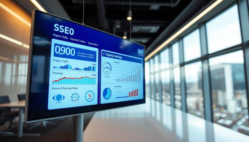A vibrant infographic on a sleek, glass display in a modern office. In the foreground, clear data visualizations illustrate key SEO metrics like organic traffic, keyword rankings, and conversion rates. The middle ground features stylized icons and graphs, conveying the analytical nature of SEO success tracking. The background is a blurred view of the cityscape outside, hinting at the real-world impact of these digital marketing efforts for local Kent businesses. Soft, directional lighting from above casts a professional, authoritative tone. The overall impression is one of data-driven insight and digital marketing prowess.