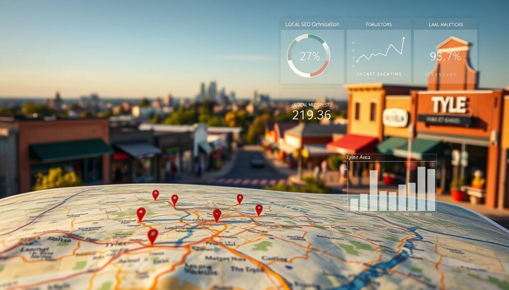 A vibrant landscape depicting a local SEO strategy in action. In the foreground, a tactile map of the Tyler, TX area with highlighted points of interest, landmarks, and local business locations. Overlaid, elegant data visualizations and analytics charts showcasing key performance metrics for local search optimization. In the middle ground, a bustling small-town setting with storefronts, signage, and people navigating the streets. The background features a blurred cityscape, hinting at the broader regional context. The scene is illuminated by warm, natural lighting, creating a sense of approachability and community. The overall mood conveys a strategic, data-driven approach to local SEO, tailored to the unique character of Tyler, TX.