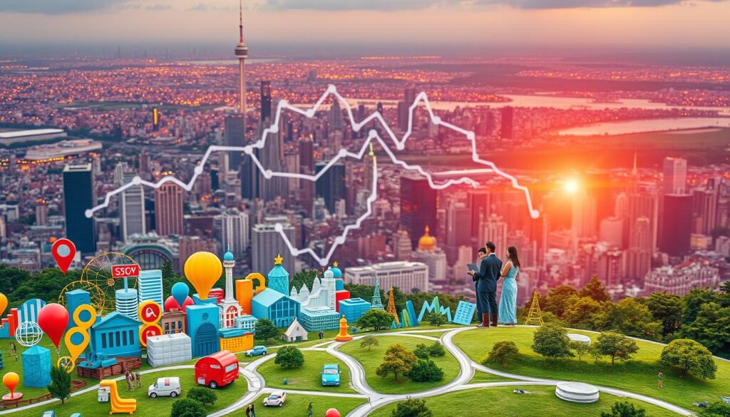 A vibrant landscape depicting local SEO strategies, set against the backdrop of a bustling city skyline. In the foreground, a tactile collage of digital marketing icons and infographic elements, arranged in a visually striking composition. The middle ground features a group of people collaborating on a laptop, surrounded by analytical charts and graphs, symbolizing the data-driven nature of effective local SEO. In the background, a panoramic view of the city, with landmarks and buildings representing the geographical focus of the local SEO efforts. The scene is illuminated by a warm, golden light, creating a sense of dynamism and professionalism. The overall atmosphere conveys the comprehensive, multifaceted nature of successful local SEO services.