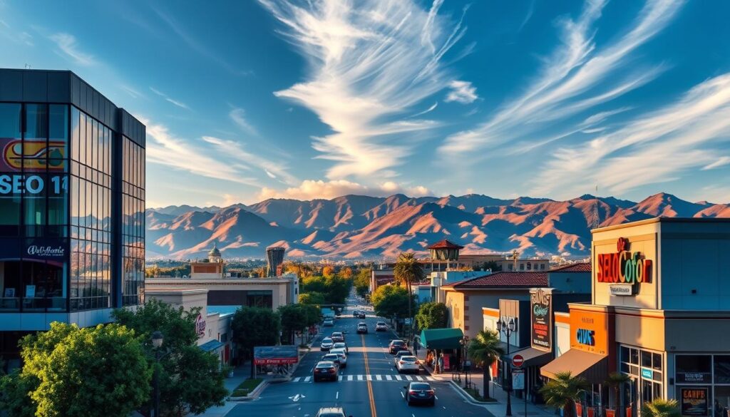 A vibrant landscape in West Covina, CA, showcasing the city's thriving business district. In the foreground, a stylish office building with modern architecture and lush greenery surrounding it. The middle ground features bustling streets lined with diverse local shops and restaurants, capturing the energy of the community. In the background, the majestic San Gabriel Mountains provide a picturesque backdrop, bathed in warm, golden sunlight filtering through wispy clouds. The scene conveys a sense of prosperity, progress, and the potential for successful SEO implementation to elevate local businesses.